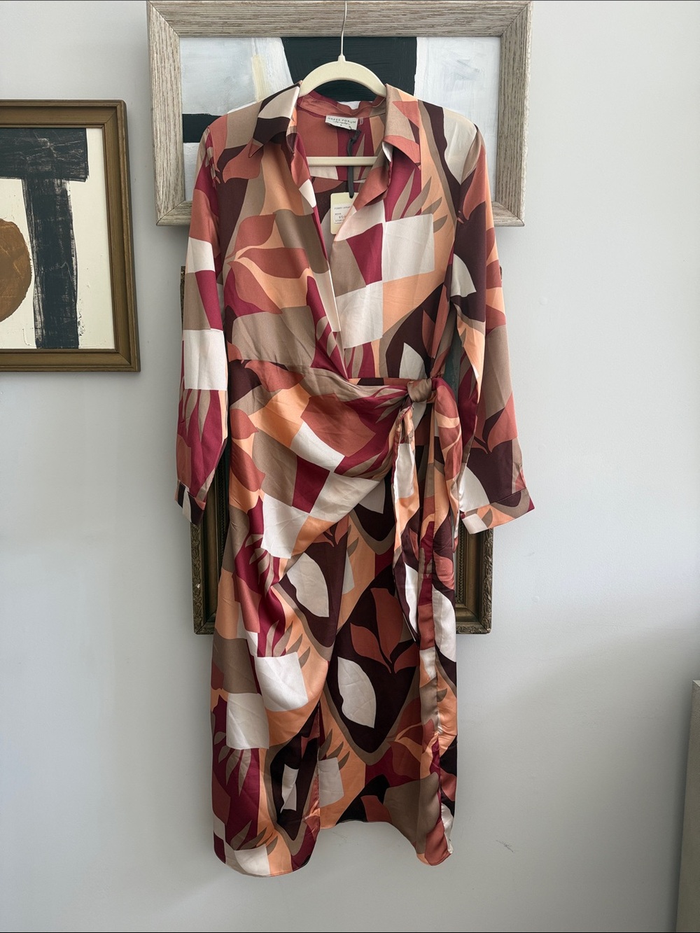 Dress Forum Midi Wrap Dress - Burgundy, Peach & Cream Abstract